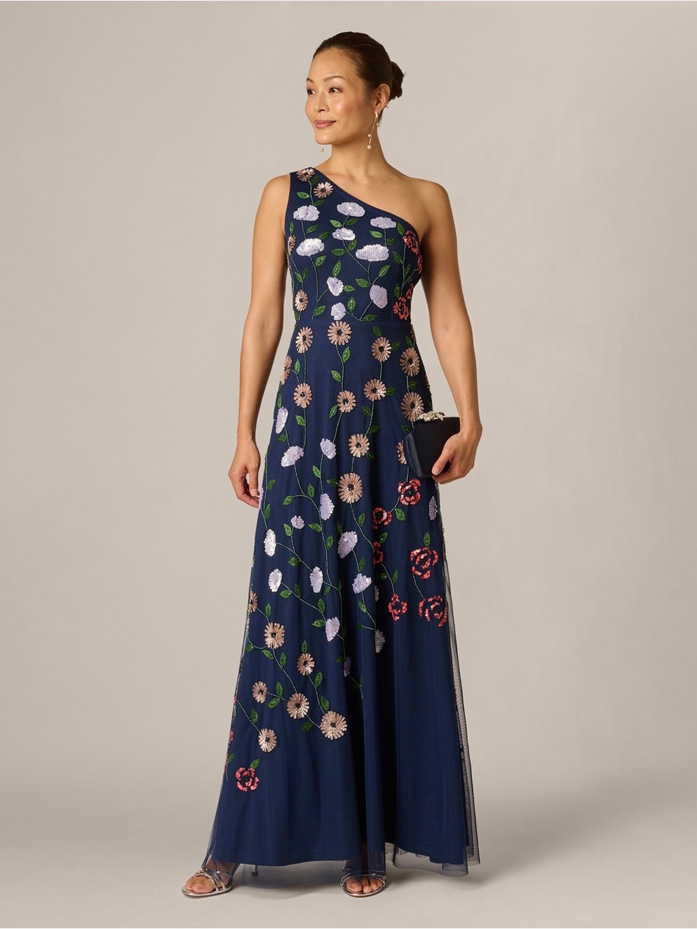 Adrianna Papell Navy Floral Sequin One Shoulder Gown Size 6 NWT GALA MOB Formal